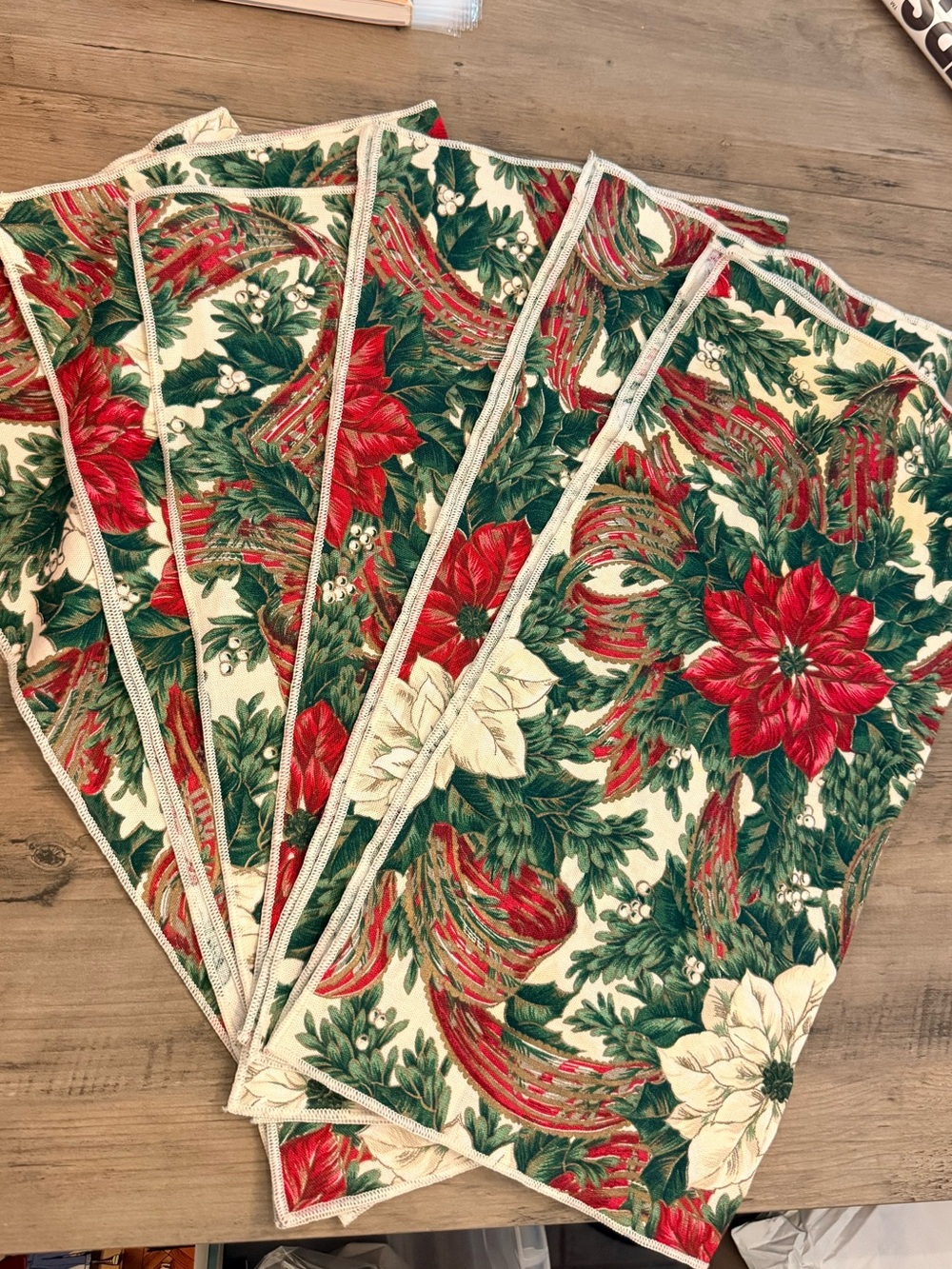 Holiday Poinsettia cloth napkins - Red, Green & Cream